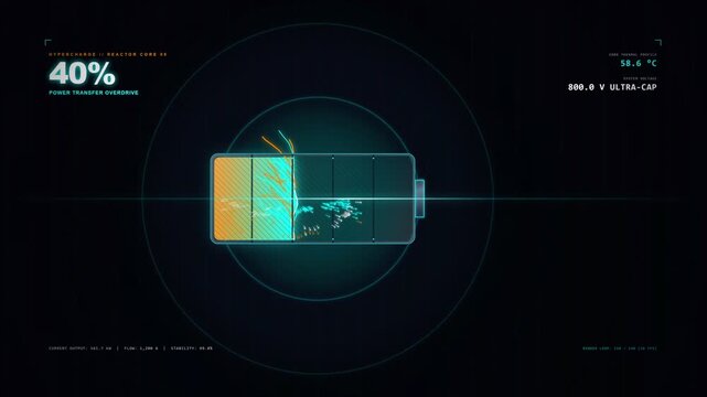 Digital battery charging indicator showing 40 power level with futuristic neon glow on dark background.