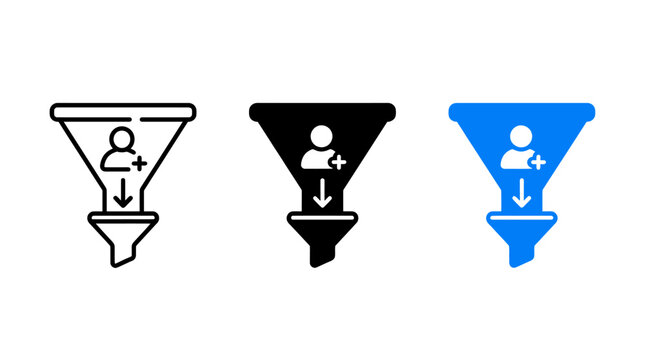 User addition funnel icon set for customer onboarding process with addition