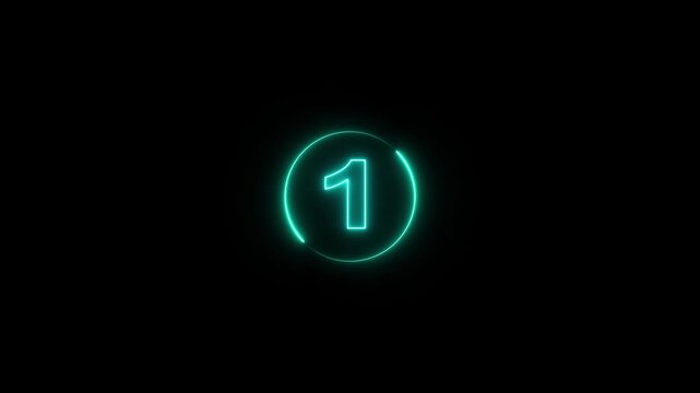 Neon glowing countdown timer 5 second animation. 5 second countdown timer animation with neon number text. 5 to 0 with interesting circle. Circle countdown timer 5 sec animation on black background.