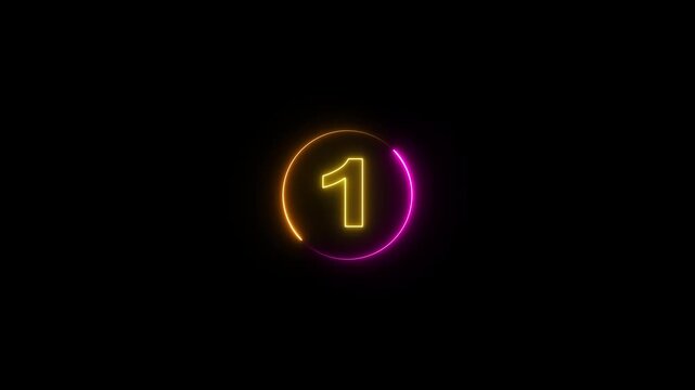 Neon glowing countdown timer 5 second animation. 5 second countdown timer animation with neon number text. 5 to 0 with interesting circle. Circle countdown timer 5 sec animation on black background.