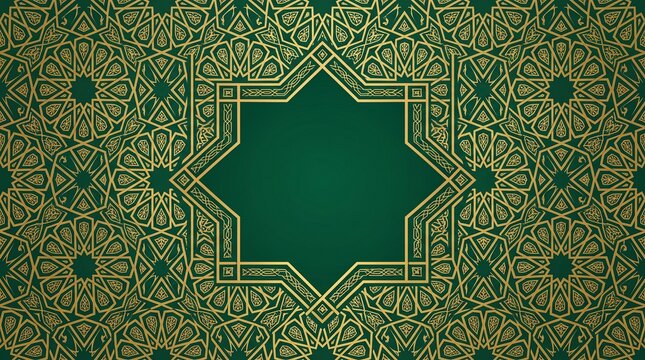 Modern Islamic background featuring an emerald green gradient and detailed gold geometric arabesque patterns with a central eight-pointed star frame for copy space.