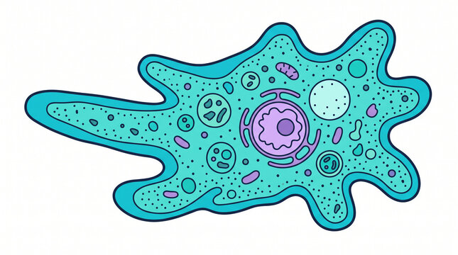 Detailed internal structure of an amoeba showing various cellular organelles
