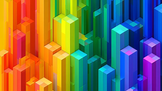 Vibrant chromatic blocks exhibiting a spectrum of hues layered in a geometric design, presenting a colorful abstract pattern perfect for modern graphic use
