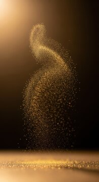 Vertical composition of shimmering golden glitter and fine dust particles swirling upwards in a curved motion path from a reflective surface against a dark backdrop.