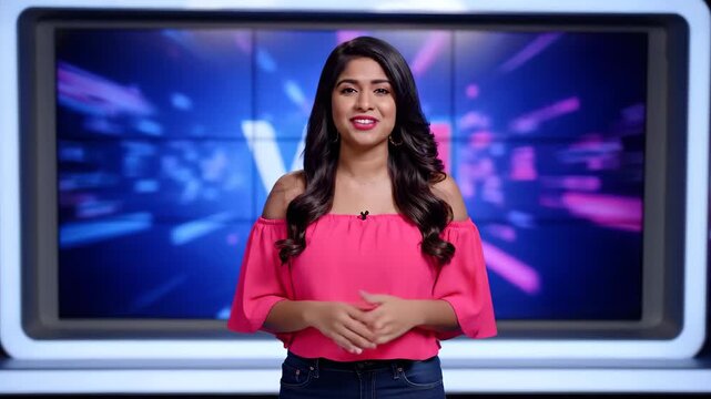 Female host studio broadcast scene, energetic female host broadcast scene