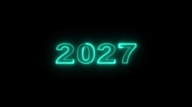 Neon new year 2027 text icon animation. glowing number season digit celebrate banner event wishes party anniversary, on black background. 4k video