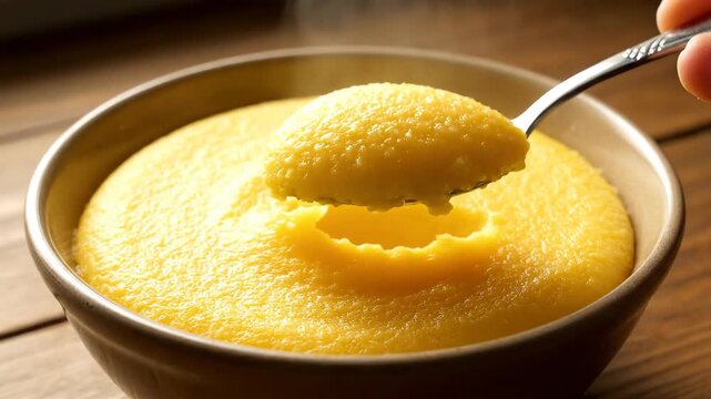 Spoon yellow food into the bowl and spoon golden cornmeal paste