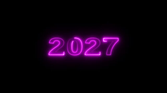Neon new year 2027 text icon animation. glowing pink color number season digit celebrate banner event wishes party anniversary, on black background. 4k video