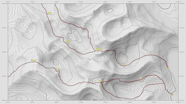 Detailed hiking route crossing contour relief, latitude longitude grid, trail markers