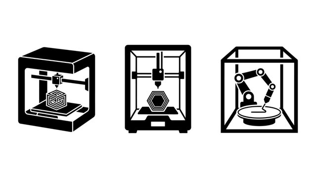 Set of three black and white 3D printer vector icons illustrating additive manufacturing technology with 3D printer icon 3D printing printer machine tech icon industrial printe