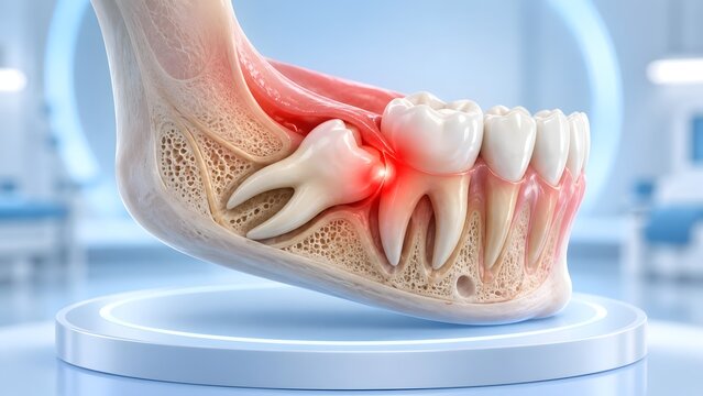 Wisdom tooth impaction causing pain and inflammation in the jawbone detailed anatomical 3D render showing dental anatomy and bone structure