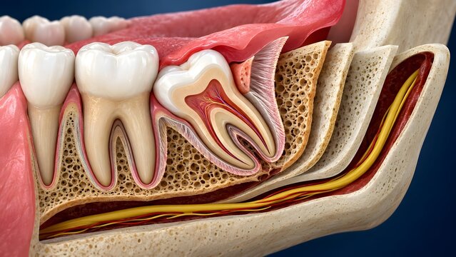 Detailed cross section of human teeth and jawbone showing enamel dentin pulp nerves and blood vessels within the bone structure with a dark blue background.