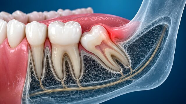 Cross section of human jawbone showing wisdom tooth impaction and inflammation with visible nerves and bone structure dental anatomy illustration