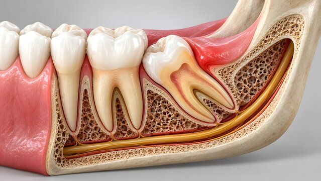Detailed 3D illustration of human jawbone cross section showing healthy teeth roots nerves and bone structure with a wisdom tooth impaction
