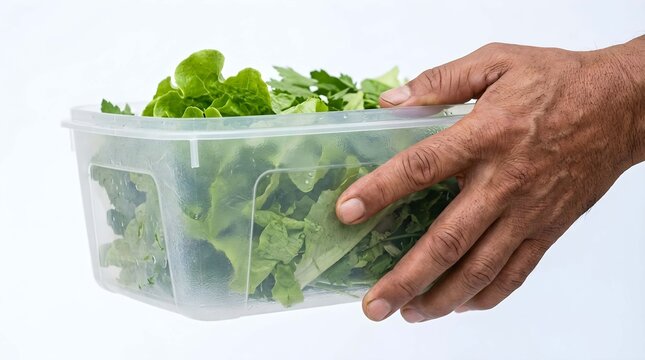 Person holding a transparent plastic container filled with fresh greens