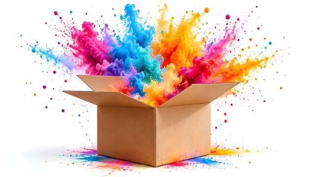 Cardboard box exploding with vibrant colorful powder and particles against a clean white background symbolizing creativity and surprise