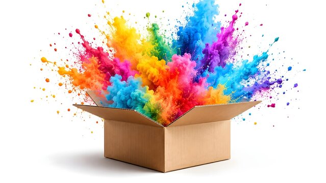 Explosion of vibrant rainbow colored powder erupting from an open cardboard box against a clean white background symbolizing creativity and surprise