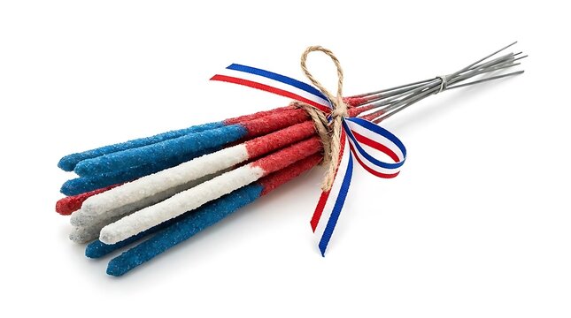 A bundle of patriotic red, white, and blue sparklers tied with twine and a ribbon, isolated on a clean white background, perfect for Independence Day or celebration concepts.