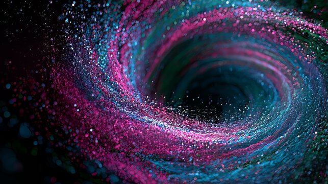 Swirling vortex of vibrant magenta, turquoise, and cyan particles forms a mesmerizing, abstract spiral, background perfect for cosmic visuals and futuristic concept design