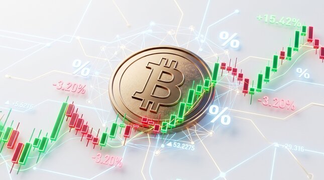 Golden bitcoin coin on digital financial market chart with fluctuating candlestick graph showing cryptocurrency price volatility investment growth online trading analysis and modern fintech economy