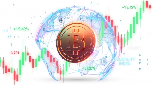 Bitcoin cryptocurrency coin with global trading market candlestick chart showing price volatility index, financial market analysis, digital investment growth, and online exchange fintech concept