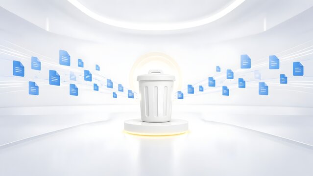 Digital Files Flowing Into A White Office Trash Can For Deletion