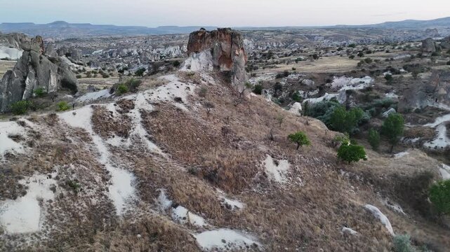 Aerial view of volcanic tuff valley near Urgup in Cappadocia, Turkey.