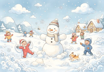 Fototapeta premium Cute winter illustration with a snowman, cute rabbit, and fox in a snowy watercolor style