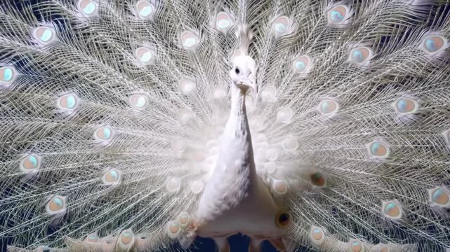 Majestic white peacock with spread tail feathers showcasing holographic iridescent reflections on the eye spots, detailed plumage textures, and elegant avian posture on dark background.