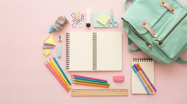 Top view of open notebook and colorful school supplies with backpack back to school student backpack pencil set sticky notes academic supplies study tools student gear organized stationery
