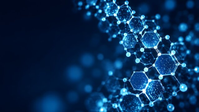 Glowing blue hexagonal molecular structure and nanotechnology lattice with sparkling particles on dark background for biotechnology and scientific research