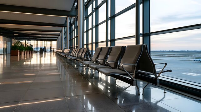 Rows of empty airport seating line a glass walled terminal with polished floor reflecting soft morning light