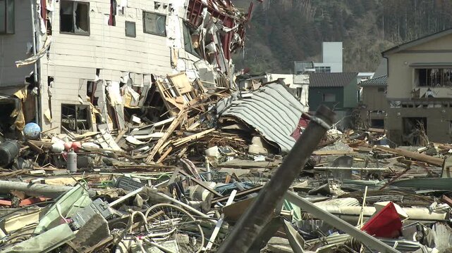 Wrecked Buildings And Piles Of Debris In Aftermath Of Tsunami In Japan