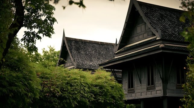 Traditional Thai style wooden house with steeply pitched roof  partially obscured by lush green foliage under soft ambient light