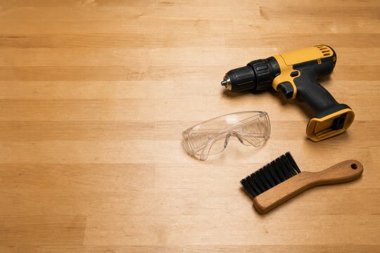 Makerspace safety training shutdown setup with a battery-free drill and protective glasses