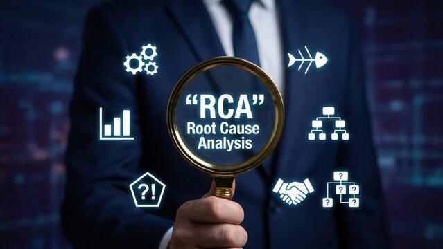 Businessman holding a magnifying glass to examine root cause analysis concept with various digital for problem solving strategy