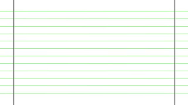 Horizontal green lines grid animation background with vertical border framing for technical notebook paper overlay isolated on white background.