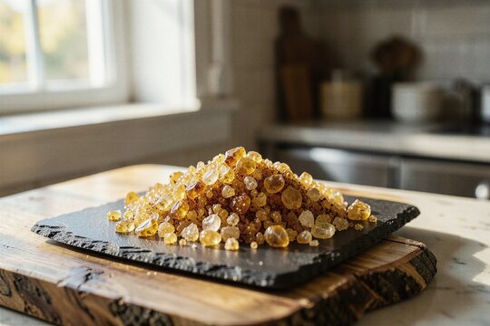 Golden Raw Turbinado Cane Sugar Crystals on Rustic Slate Culinary Board