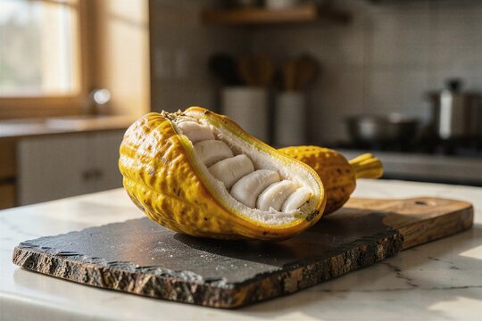 Freshly Opened Yellow Cacao Pod with Sweet White Pulp on Slate Board