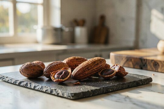 Raw Fermented Criollo Cacao Pods and Beans on Dark Slate Kitchen Countertop
