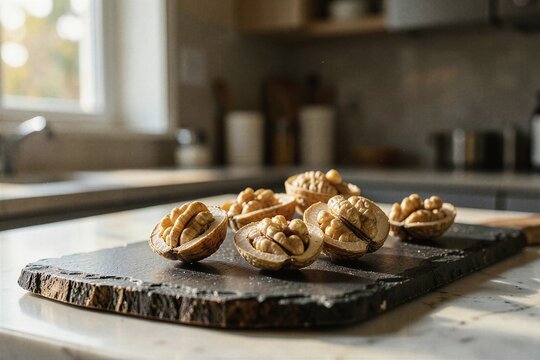 Raw Organic English Walnut Halves on Rustic Slate Board in Gourmet Kitchen
