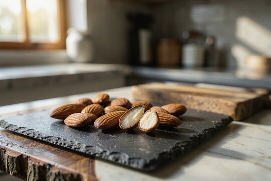 Whole Golden Roasted California Almonds Arranged on a Rustic Slate Serving Board