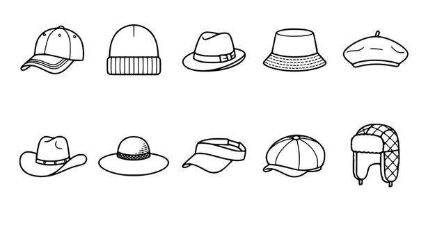 Hat and Cap Fashion Apparel Thin Line Outline Vector Collection
