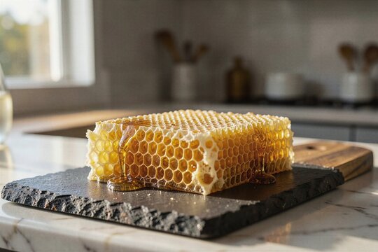Fresh Raw Wildflower Honeycomb on Rustic Slate Board in Gourmet Kitchen