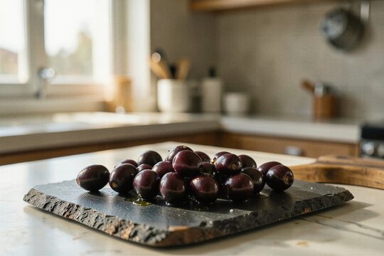 Fresh Whole Greek Kalamata Olives on Rustic Slate Board in Gourmet Kitchen