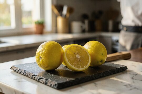 Fresh Sliced Meyer Lemons on a Slate Board in Gourmet Kitchen
