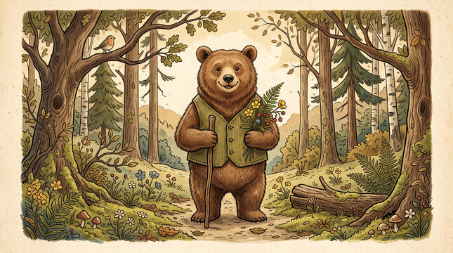Bear wearing a vest and holding a flower bouquet in a forest  