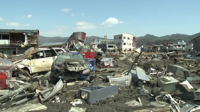 Destroyed Neighborhood And Piles Of Debris In Aftermath Of Tsunami In Japan