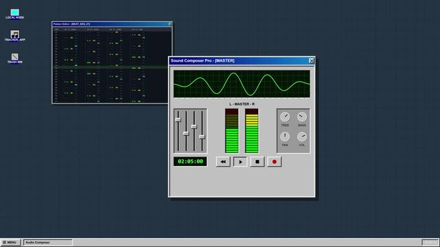 Retro computer sound mixer interface with waveform and VU meters, digital audio workstation