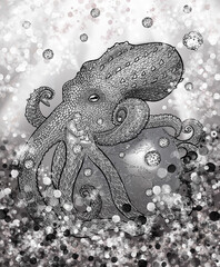 Detailed black and white concept illustration depicting a giant stylized octopus wrapping its tentacles around planet Earth.  © Franz Sidney Art